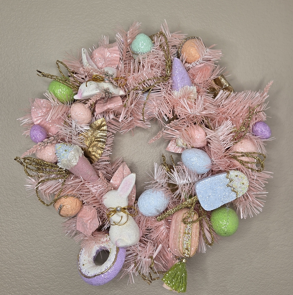 Pastel Pink Sweet Desserts Capiz Jeweled Easter Wreath with‎ Flocked Bunnies